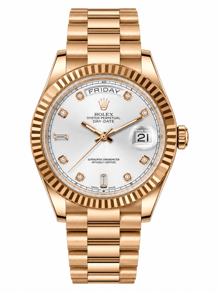 Reduced Rolex Day-Date Rose Gold Silver Diamond Dial President Bracelet