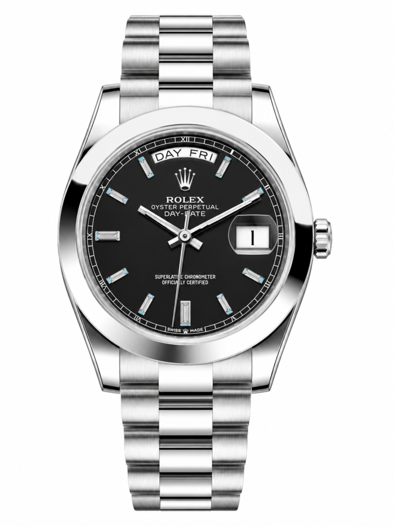 Reduced Rolex Day-Date Silver Black Diamond Dial Oyster Bracelet