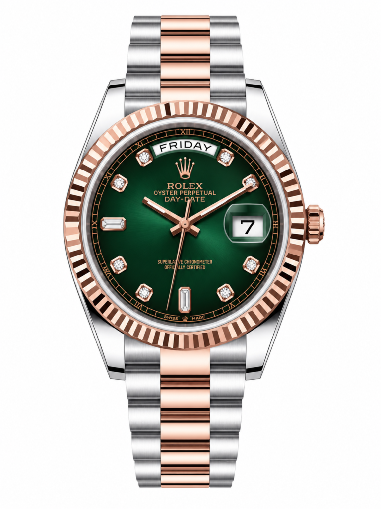 Reduced Rolex Day-Date Two Tone Green Diamond Dial Oyster Bracelet