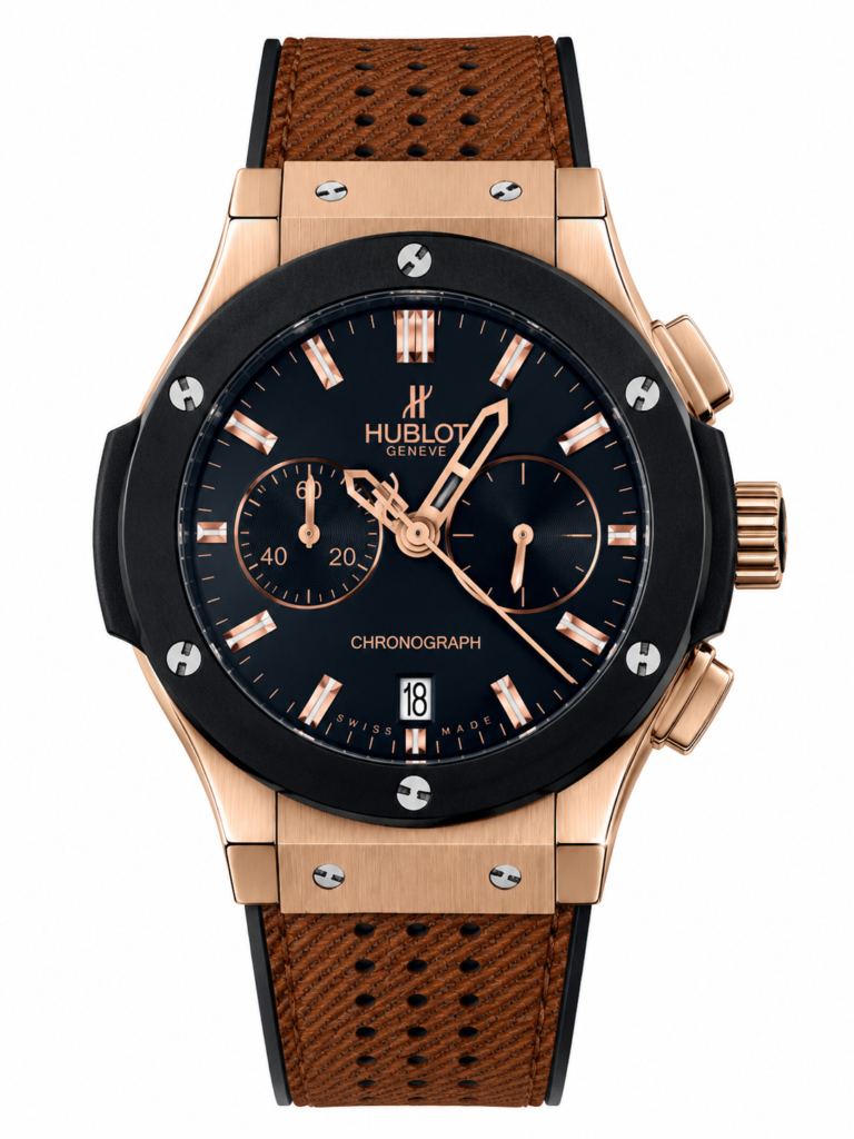 Super Clone Hublot Big Bang Rose Gold Black Dial Chronograph Brown Leather Strap