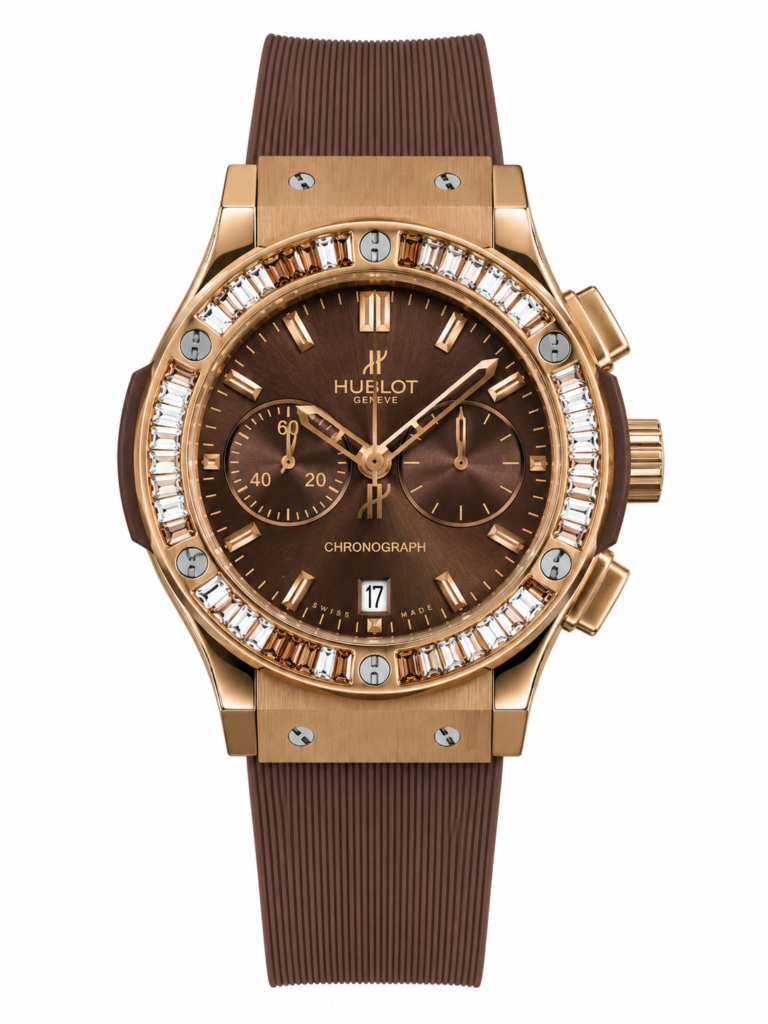 Super Clone Hublot Big Bang Rose Gold Brown Diamond Bezel Rubber Strap