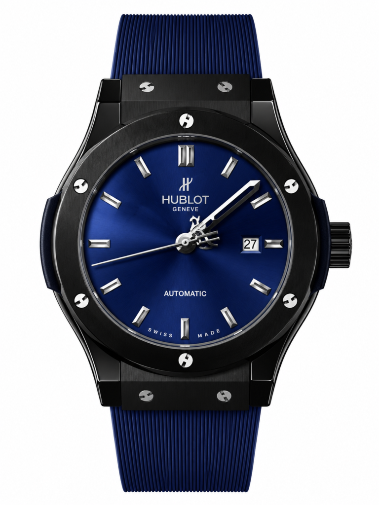 Super Clone Hublot Classic Fusion Black Blue Sunburst Dial Rubber Strap