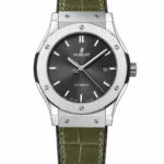 Super Clone Hublot Classic Fusion Silver Black Dial Green Crocodile Leather Strap