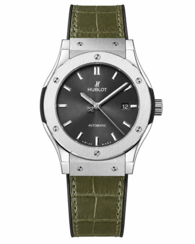 Super Clone Hublot Classic Fusion Silver Black Dial Green Crocodile Leather Strap – Swiss SuperClone