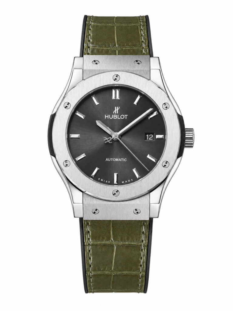Super Clone Hublot Classic Fusion Silver Black Dial Green Crocodile Leather Strap