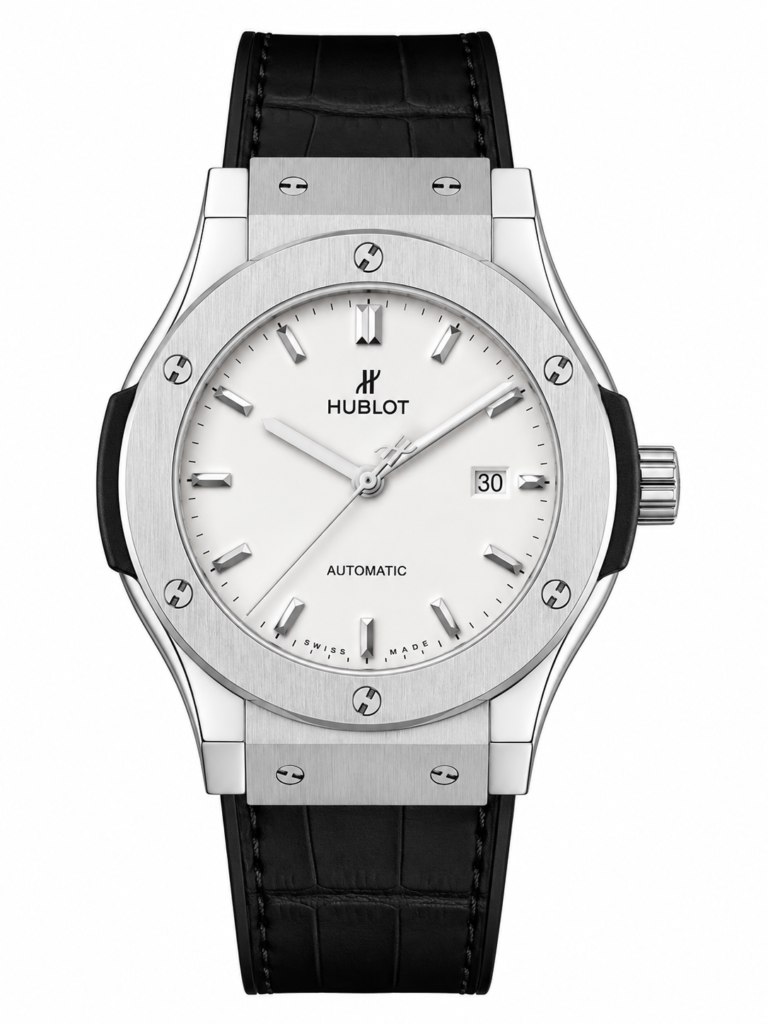 Super Clone Hublot Classic Fusion Silver White Dial Black Leather Strap