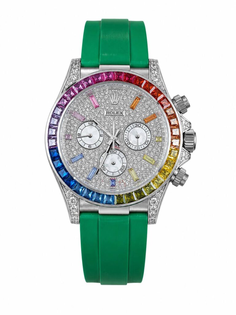 Super Clone Rolex Daytona Rainbow Silver Diamond Dial Oysterflex Green Strap