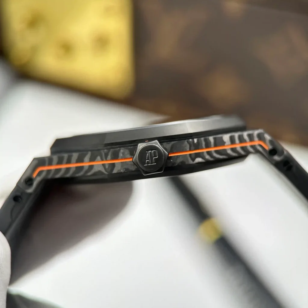 Super Clone Audemars Piguet Royal Oak 15500 DiW Voidline Carbon 41mm orange color — on leather display