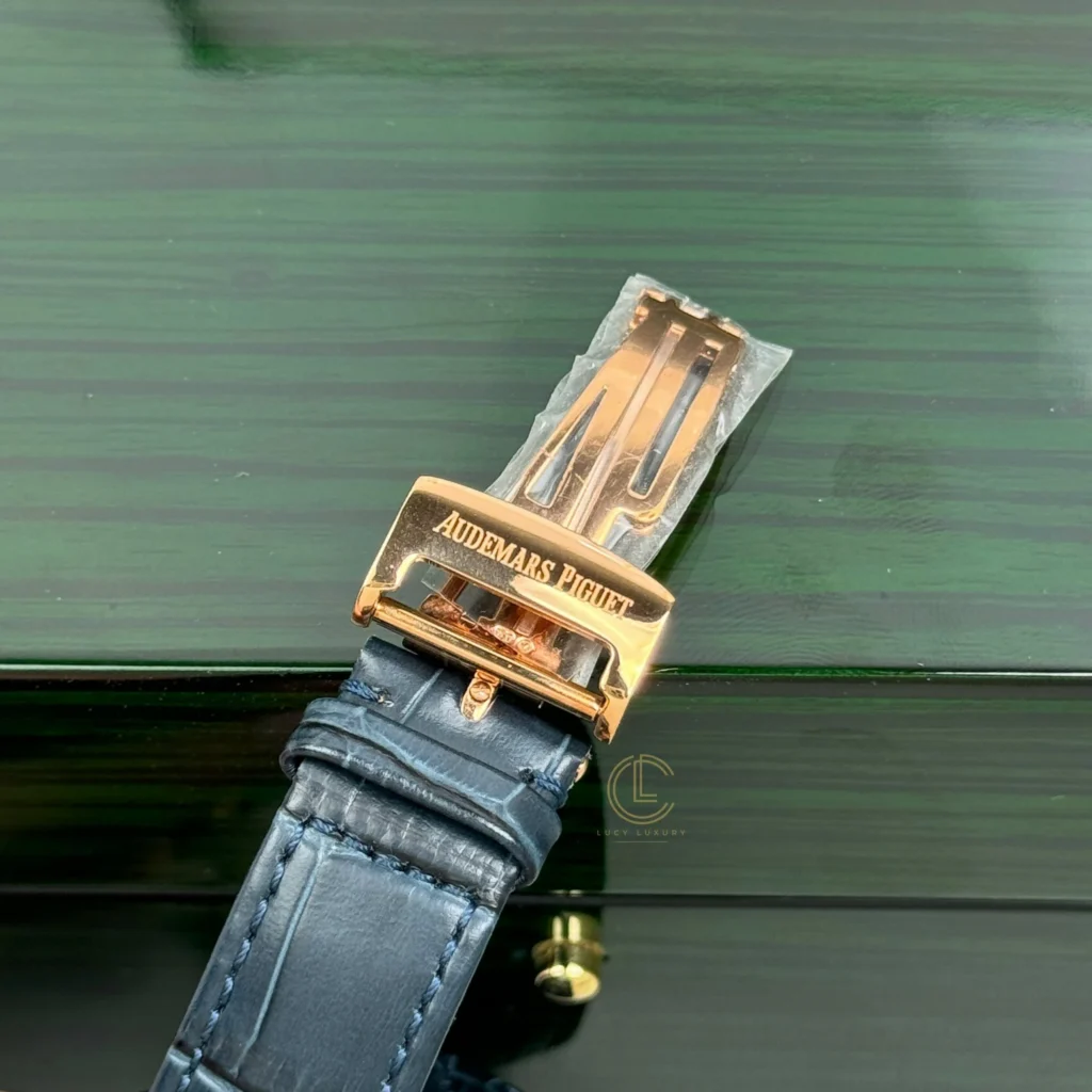 Super Clone Audemars Piguet Royal Oak 15510OR Yellow Gold 41mm Blue Dial — on leather display