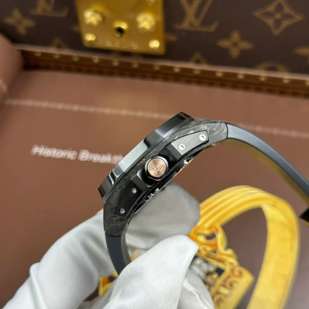 Super Clone Audemars Piguet Royal Oak Concept Flying Tourbillon 26638F0.00.D002CA.01 — on leather display