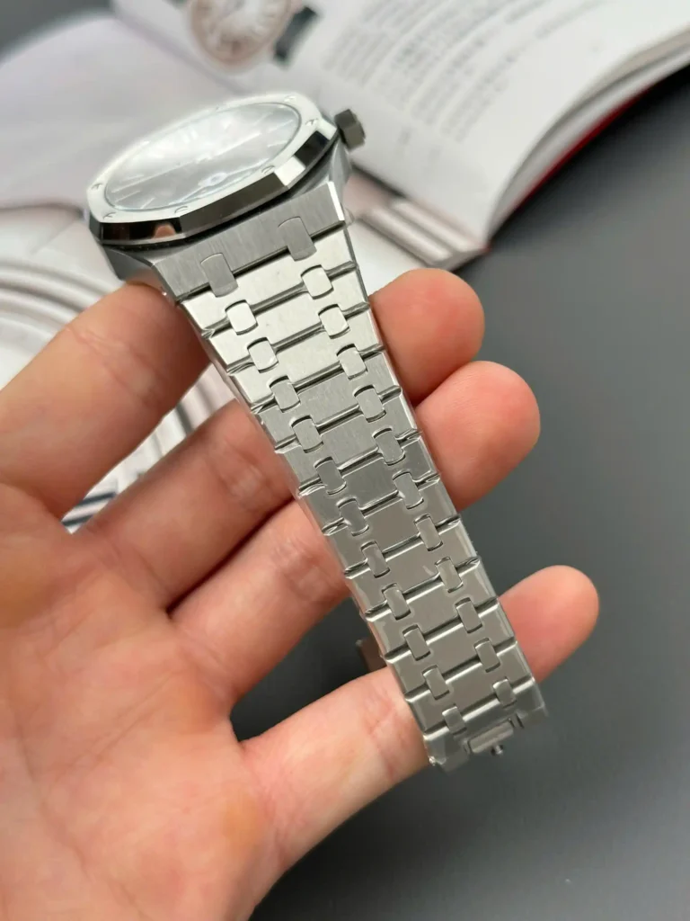Super Clone Audemars Piguet Royal Oak 41mm Steel Bracelet Steel — on leather display