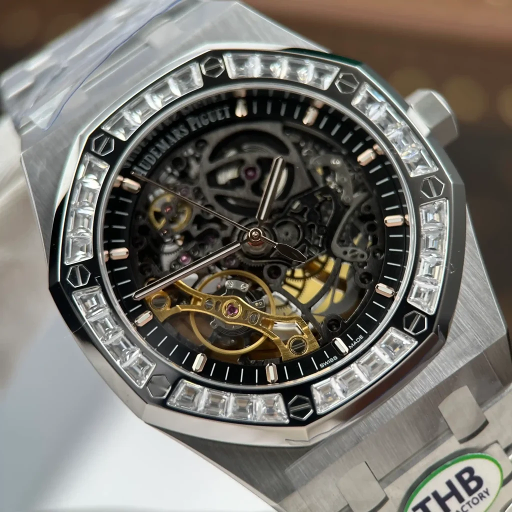 Super Clone Audemars Piguet Royal Oak Frosted Gold Double Balance Wheel Openworked 41mm benzen Baugette — side profile