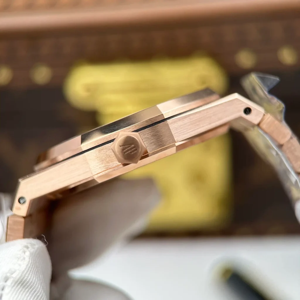 Super Clone Audemars Piguet Royal Oak Frosted Gold Double Balance Wheel Openworked 15412OR.YG.1224OR.01-B 41mm — on leather display