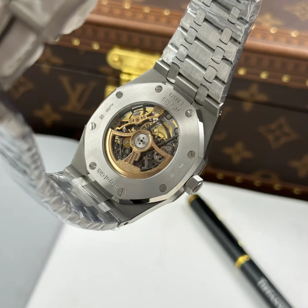 Super Clone Audemars Piguet Royal Oak Frosted Gold Double Balance Wheel Openworked 41mm benzen Baugette — movement / caseback view