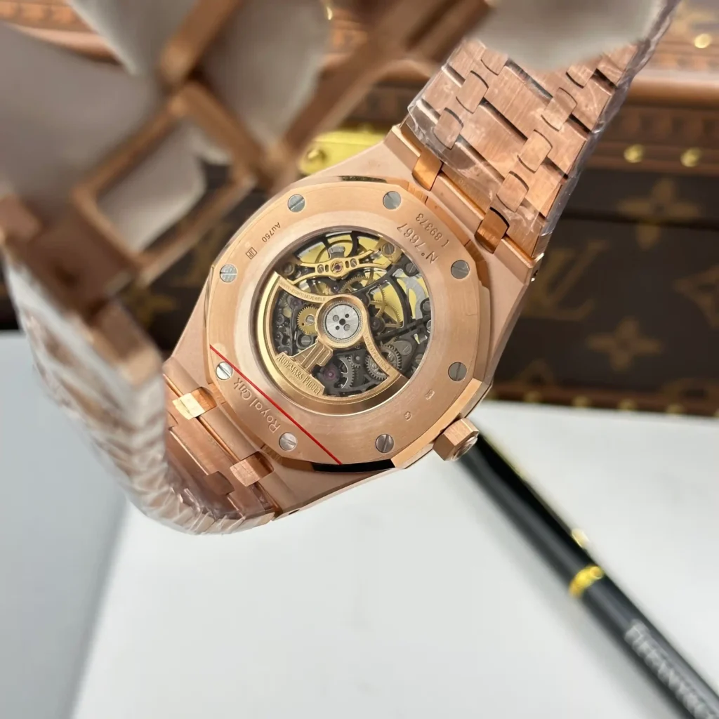 Super Clone Audemars Piguet Royal Oak Frosted Gold Double Balance Wheel Openworked 15412OR.YG.1224OR.01-B 41mm — movement / caseback view