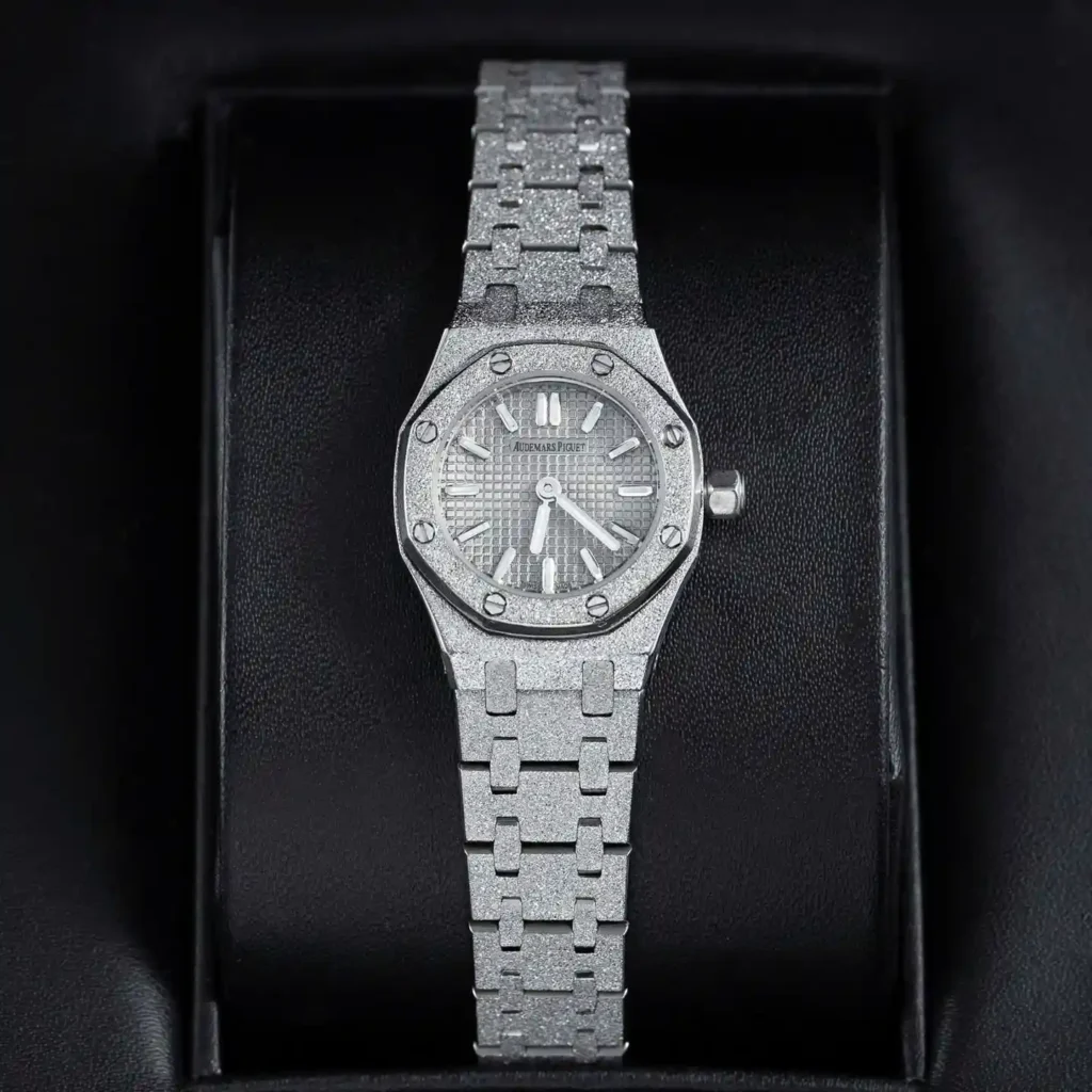 Super Clone Audemars Piguet Royal Oak Mini Frosted Gold 67630BC.GG.1312BC.01 – — on leather display