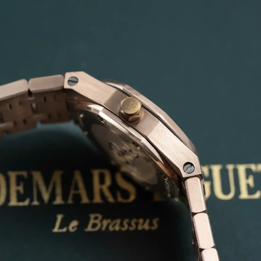 Super Clone Audemars Piguet Royal Oak Mini Frosted Gold 67630OR.GG.1312OR.01 – — on leather display