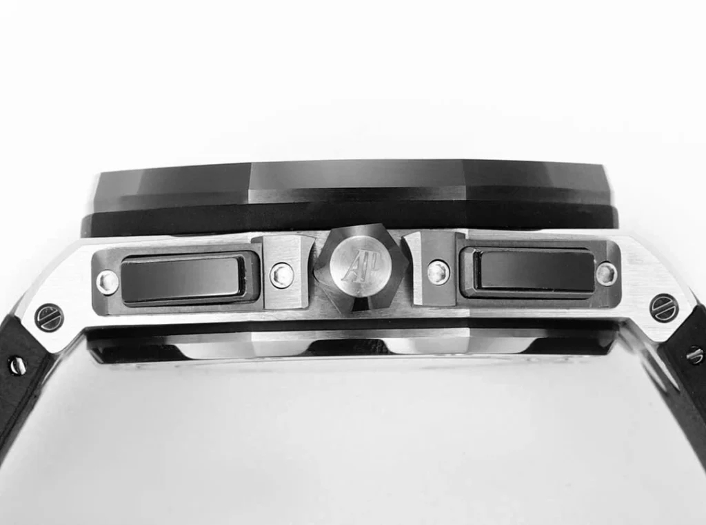 Super Clone Audemars Piguet Royal Oak Offshore 26420SO 44mm Grey-Black Dial – — on leather display