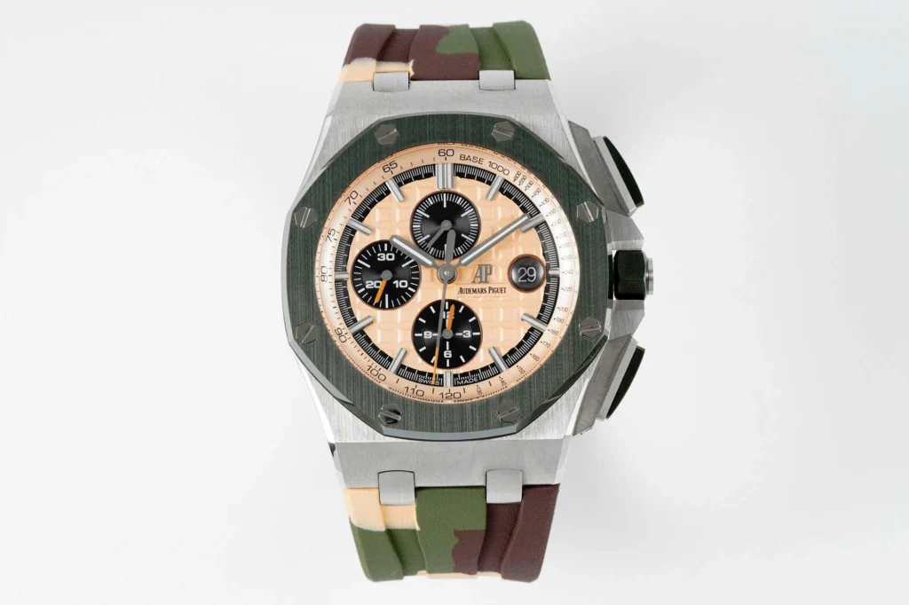Super Clone Audemars Piguet Royal Oak Offshore Chronograph Ceramic Camouflage 26400SO 44mm Rose Gold Dial — dial close-up