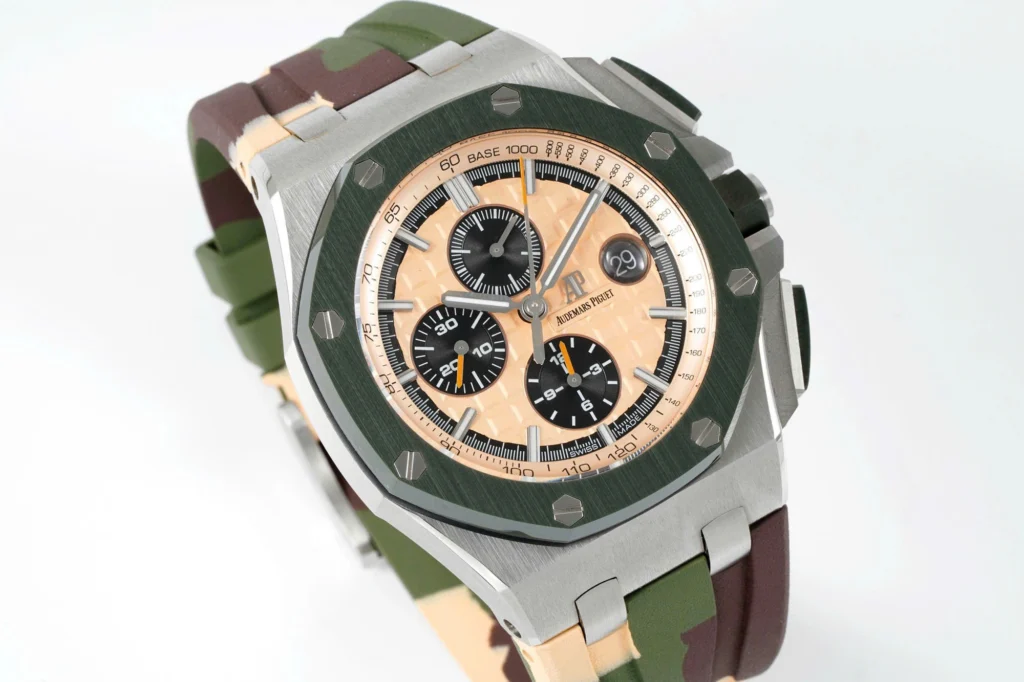 Super Clone Audemars Piguet Royal Oak Offshore Chronograph Ceramic Camouflage 26400SO 44mm Rose Gold Dial — case and bezel
