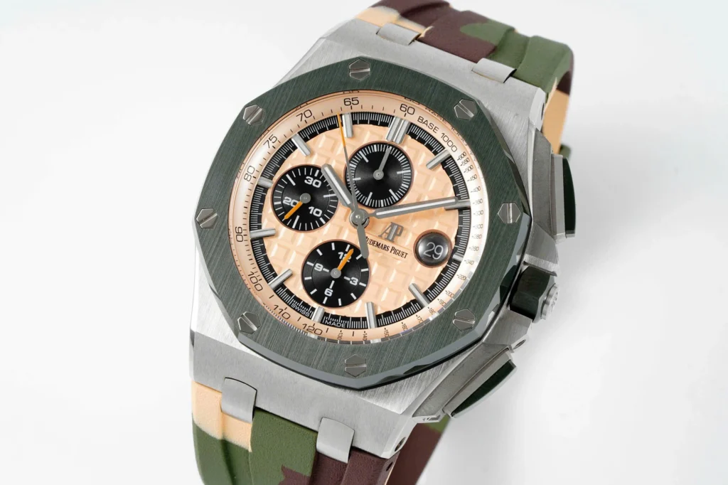 Super Clone Audemars Piguet Royal Oak Offshore Chronograph Ceramic Camouflage 26400SO 44mm Rose Gold Dial — side profile