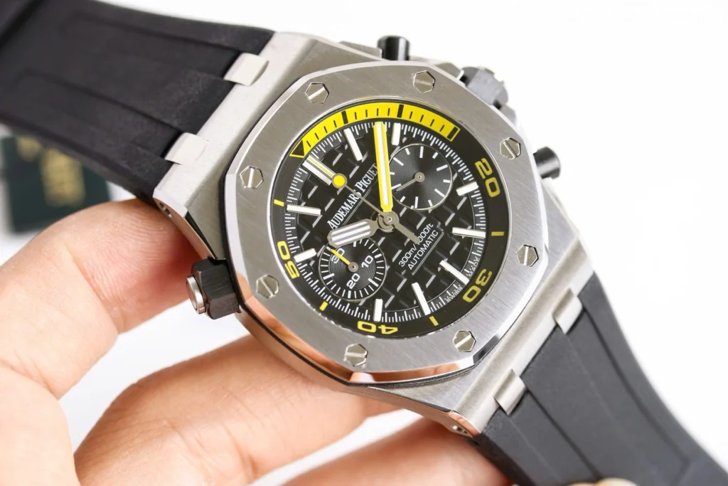 Super Clone Audemars Piguet Royal Oak Offshore Diver Chronograph Black Yellow 26703ST 42mm — case and bezel
