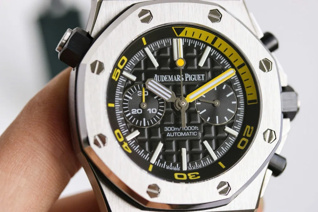 Super Clone Audemars Piguet Royal Oak Offshore Diver Chronograph Black Yellow 26703ST 42mm — side profile