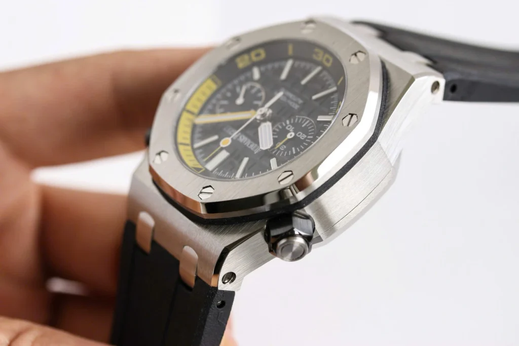 Super Clone Audemars Piguet Royal Oak Offshore Diver Chronograph Black Yellow 26703ST 42mm — on leather display