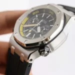 Super Clone Audemars Piguet Royal Oak Offshore Diver Chronograph Black Yellow 26703ST 42mm — on leather display