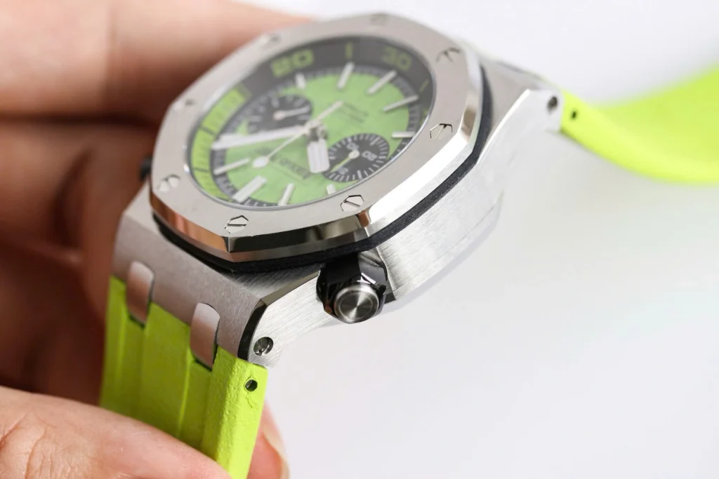 Super Clone Audemars Piguet Royal Oak Offshore Diver Chronograph in Green 26703ST 42mm — on leather display