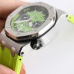 Super Clone Audemars Piguet Royal Oak Offshore Diver Chronograph in Green 26703ST 42mm — on leather display