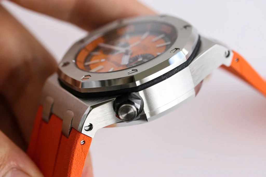 Super Clone Audemars Piguet Royal Oak Offshore Diver Chronograph in Orange 26703ST 42mm — on leather display