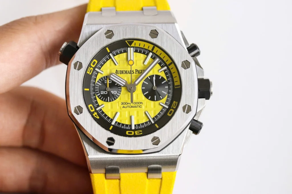 Super Clone Audemars Piguet Royal Oak Offshore Diver Chronograph in Yellow 26703ST 42mm — dial close-up