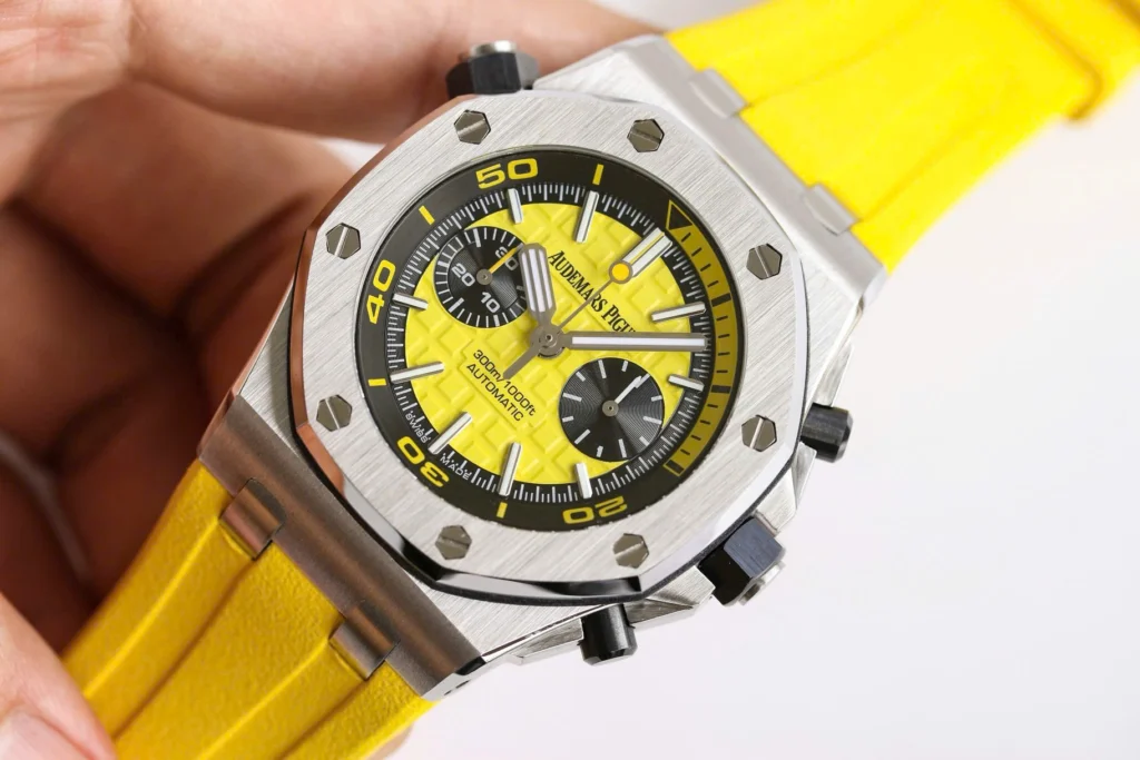Super Clone Audemars Piguet Royal Oak Offshore Diver Chronograph in Yellow 26703ST 42mm — case and bezel