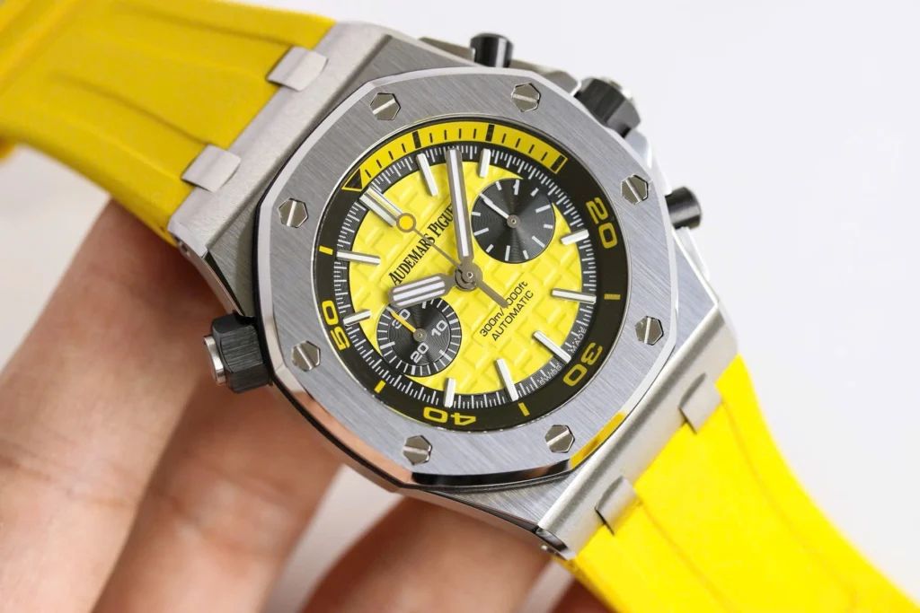 Super Clone Audemars Piguet Royal Oak Offshore Diver Chronograph in Yellow 26703ST 42mm — side profile