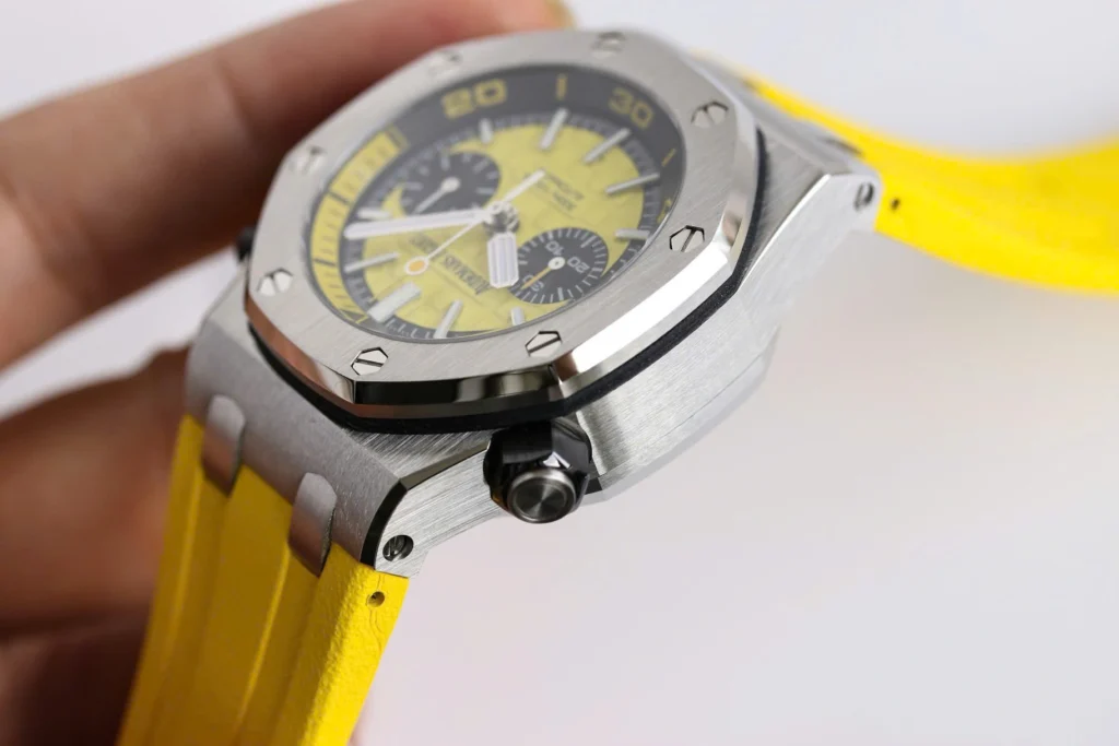 Super Clone Audemars Piguet Royal Oak Offshore Diver Chronograph in Yellow 26703ST 42mm — on leather display