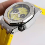 Super Clone Audemars Piguet Royal Oak Offshore Diver Chronograph in Yellow 26703ST 42mm — on leather display