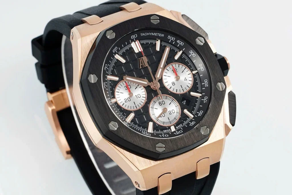 Super Clone Audemars Piguet Royal Oak Offshore Rose Gold 26420ST 42mm Black Dial — dial close-up