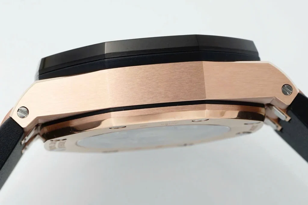 Super Clone Audemars Piguet Royal Oak Offshore Rose Gold 26420ST 42mm Black Dial — on leather display