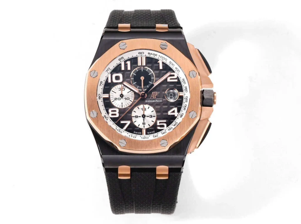 Super Clone Audemars Piguet Royal Oak Offshore Selfwinding Chronograph 26420RO 44mm Black Dial Rose Gold – — dial close-up