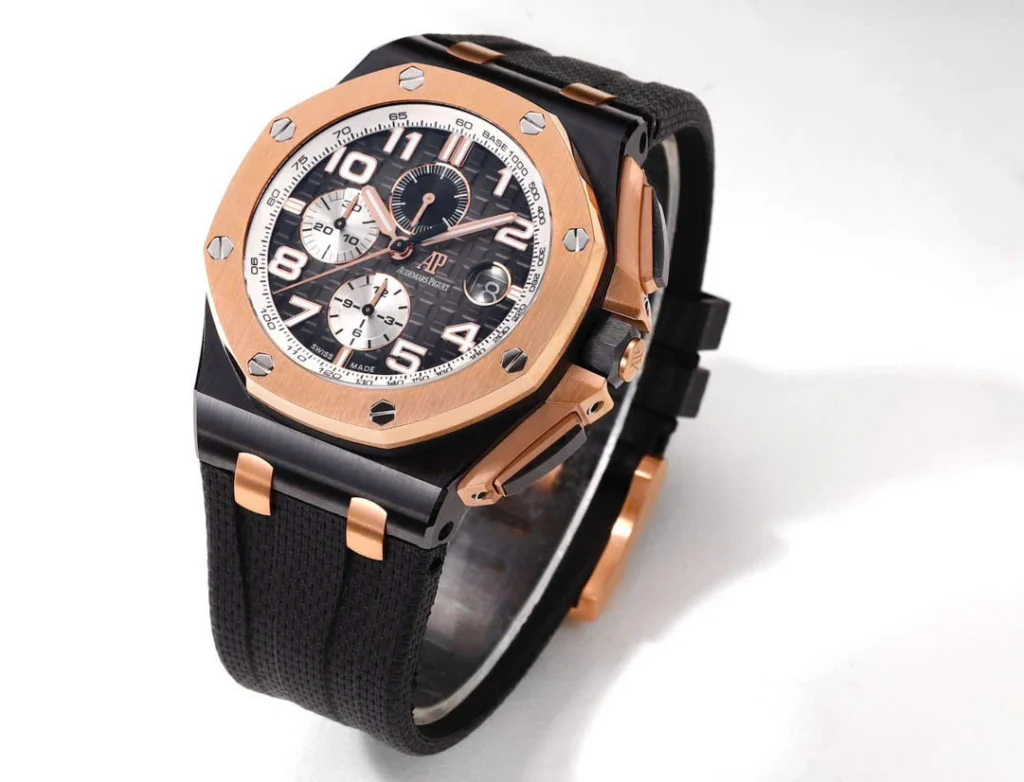 Super Clone Audemars Piguet Royal Oak Offshore Selfwinding Chronograph 26420RO 44mm Black Dial Rose Gold – — case and bezel