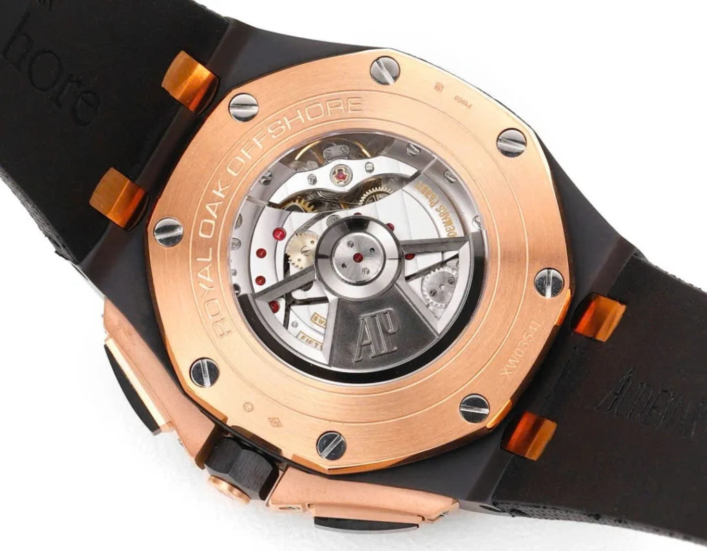 Super Clone Audemars Piguet Royal Oak Offshore Selfwinding Chronograph 26420RO 44mm Black Dial Rose Gold – — movement / caseback view