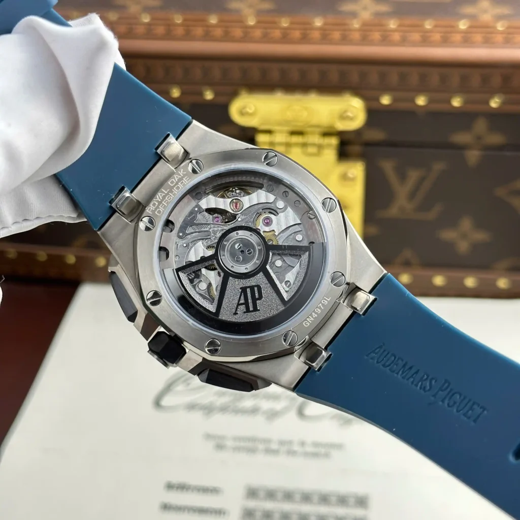 Super Clone Audemars Piguet Royal Oak Offshore Steel in Blue 26420ST 42mm — on leather display