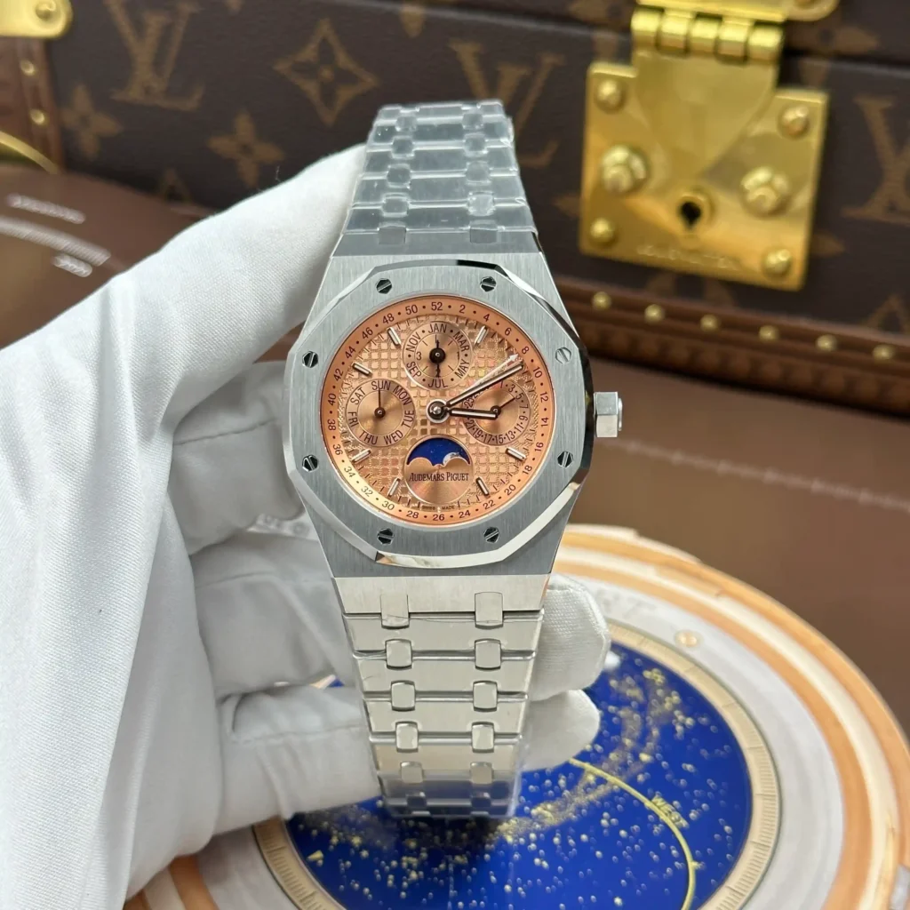 Super Clone Audemars Piguet Royal Oak Perpetual Calendar 26615Ti limited edition Salmon dial 41mm – — dial close-up