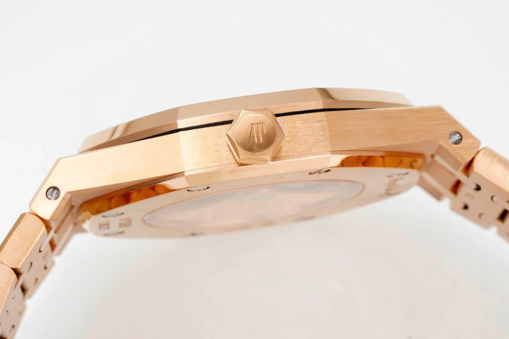 Super Clone Audemars Piguet Royal Oak Selfwinding 15400OR 41mm Black Dial Rose Gold – — on leather display