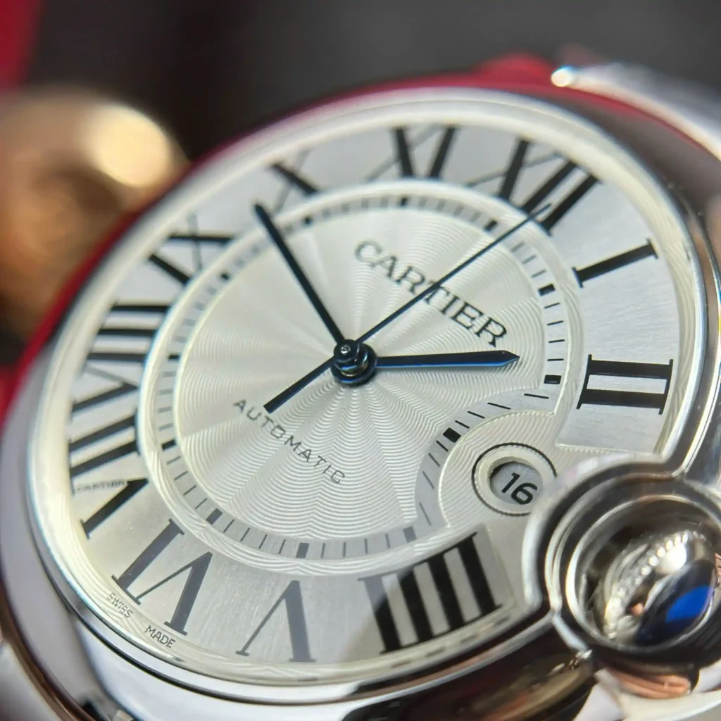 Super Clone Cartier 42mm Steel — on leather display