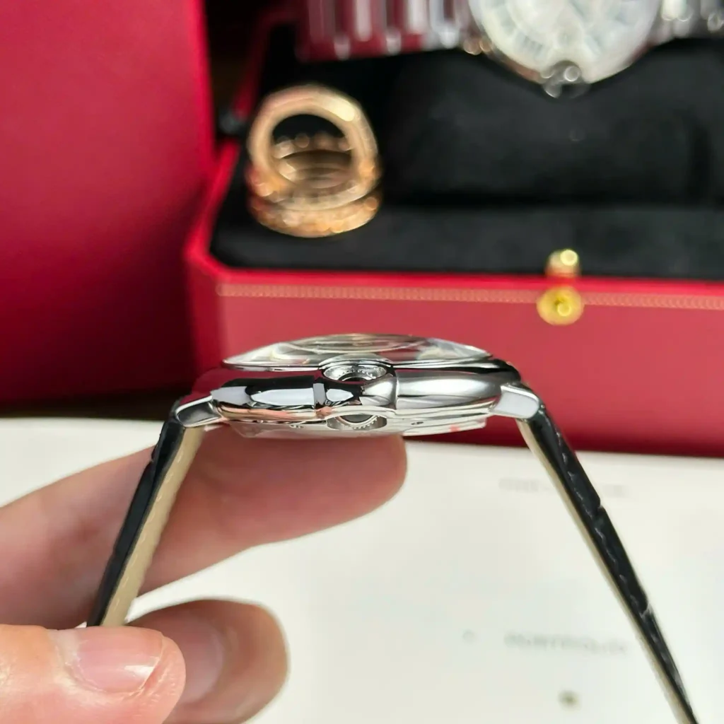 Super Clone Cartier 42mm Steel — on leather display