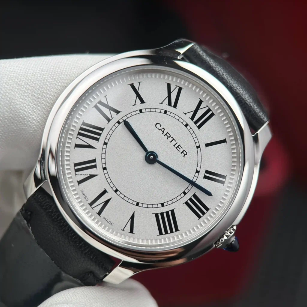Super Clone Cartier 36mm Steel — on leather display
