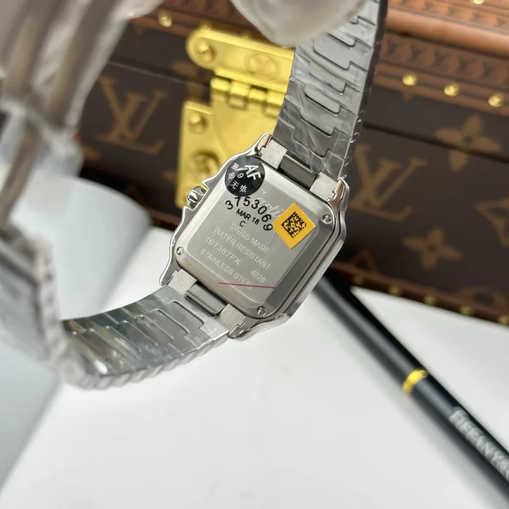 Super Clone Cartier Santos De Cartier Small Model Demi Rose Gold – — on leather display