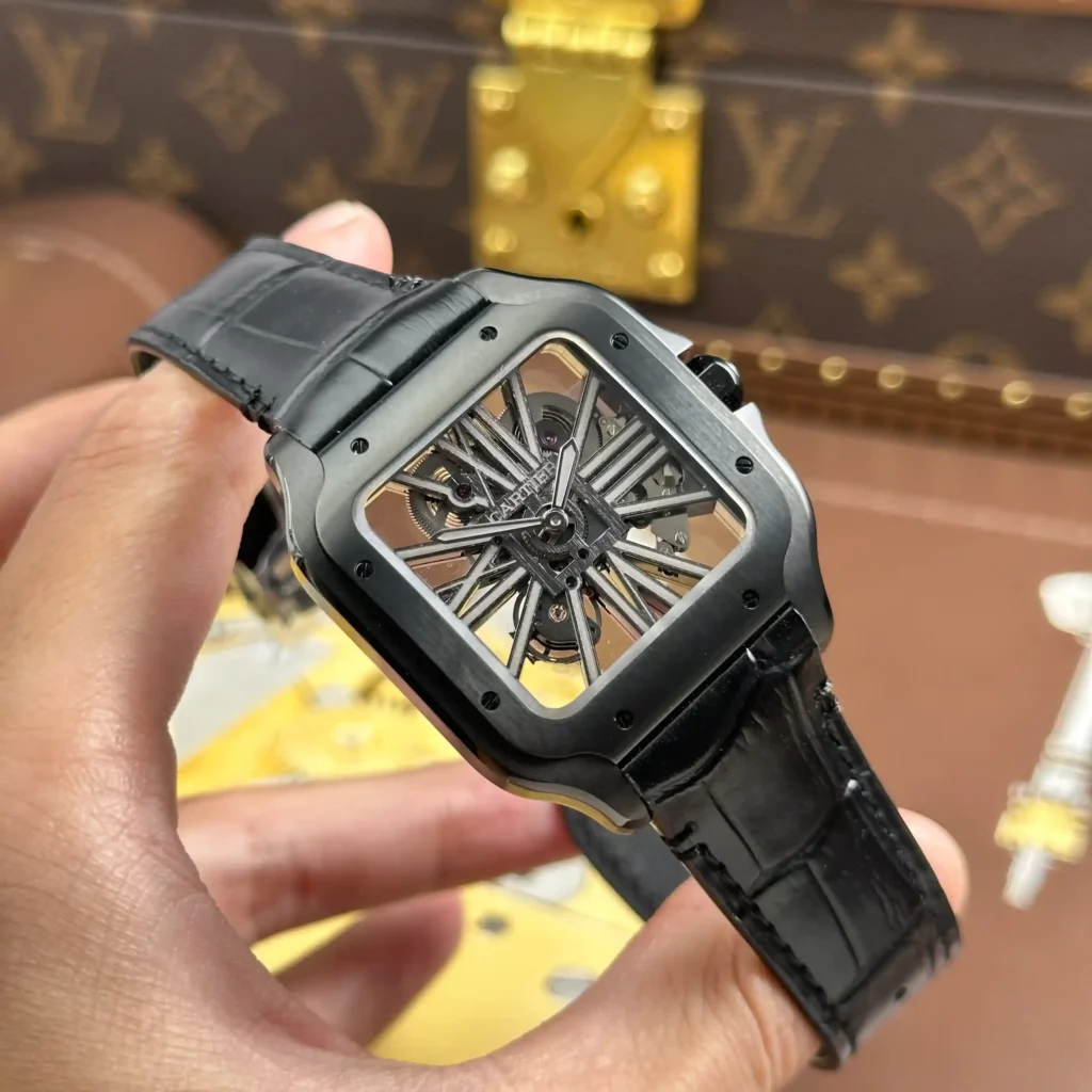 Super Clone Cartier Santos Large Skeleton Black 39mm — case and bezel